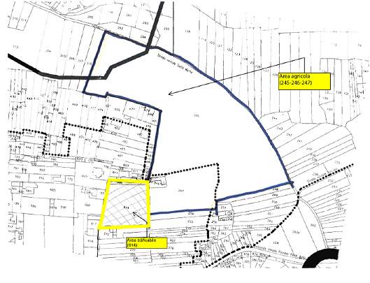 Slide06-Pianta terreno.jpg - Site map for the planned Maharishi Peace Colony 1/2 hour away from Milan Italy which will be on 5 1/2 hectares of land. It will include four single family homes and three homes for two families. Yellow outline indicates residential area. Blue outline indicates organic agricultural area.